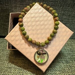 AKA Charm on Natural Unakite 6mm 7.5” Pink and Green Crystal Stretch Bracelet